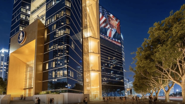 An image of President Donald Trump’s planned presidential library in downtown Miami. The president told reporters on Tuesday, March 31, 2026, the tower would likely include hotel rooms, too. An image of President Donald Trump’s planned presidential library in downtown Miami. The president told reporters on Tuesday, March 31, 2026, the tower would likely include hotel rooms, too.